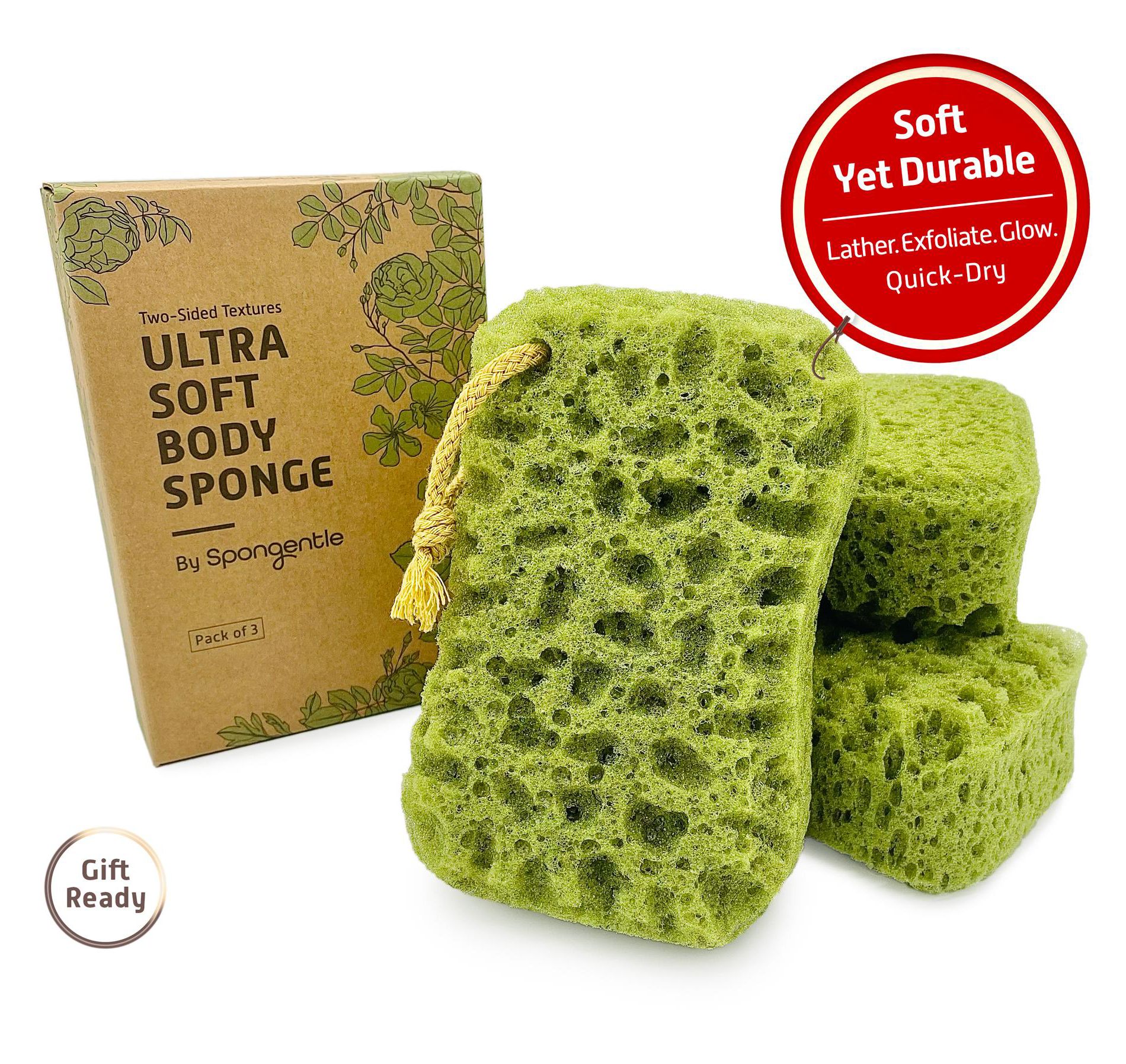 Spongentle Dual Texture Body Loofah (3-Pack) for Bath & Shower. Vacuum Sealed, Gentle & Deep Exfoliation, Rich Lather