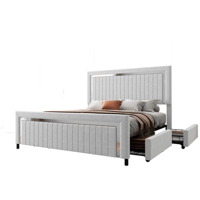 AMERLIFE Upholstered Platform LED Bed Frame with 4 Storage Drawers, Adjustable Headboard with Vertical Channel Design