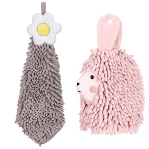 REGALWOVEN Soft Absorbent Flower Pattern and Sheep Pattern Chenille Hand Towel with Loop 6" x 15"/7" x 11" 2 Pcs - 1 of 4