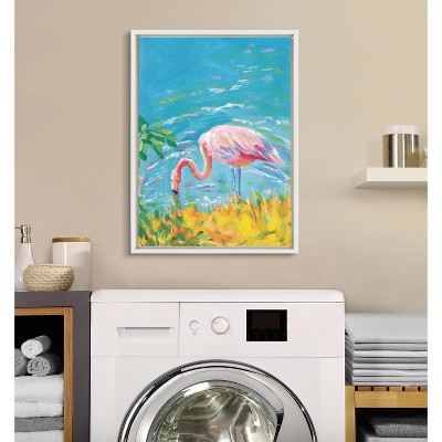 Summer Sip Flamingo Print on Canvas with White Frame