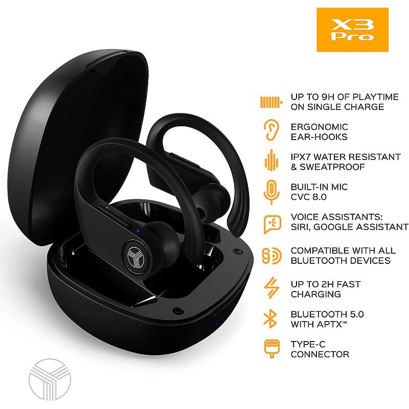 Treblab X3 Pro True Wireless Sports Earbuds with Earhooks, Bluetooth 5.0 with aptX, IPX7 Waterproof with Charging case - Black, White Logo (X3-PRO-W), 3 of 10