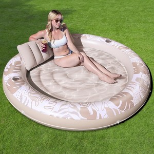 Sloosh Inflatable Suntanning Float Bed with Pillow, Printed Leaves Suntan Tub Floatie Raft Tanning Pool for Adult - 1 of 4