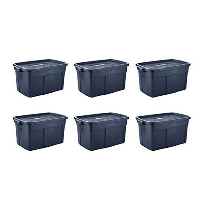  Rubbermaid Roughneck 31 Gallon Rugged Storage Tote in Dark Indigo Metallic with Lid and Handles for Home, Basement, Garage, (6 Pack) 