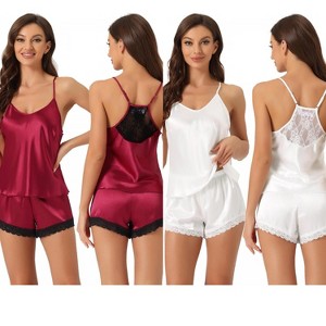 INSPIRE CHIC Women's 2 Pcs Satin Sleeveless Lace Trim Shorts Silky Short Pajama Sets - 1 of 4