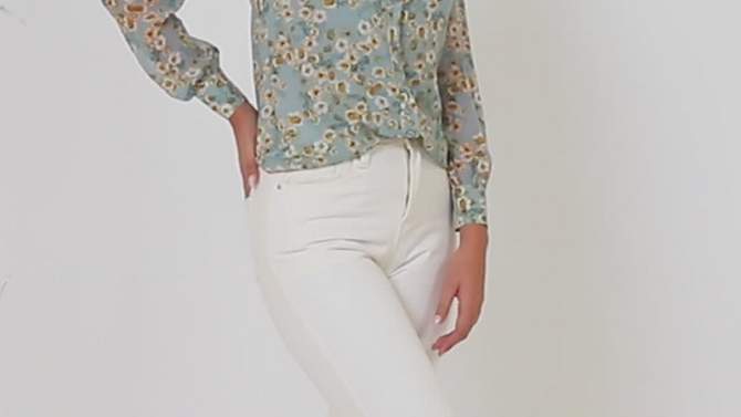 Hobemty Women's Floral Pattern Point Collar Long Sleeve Button Down Shirt, 2 of 6, play video