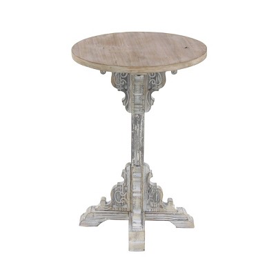 Gray Intricately Carved Scroll Round Wood Accent Table - 15" x 23"