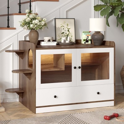 Cat Litter Box Enclosure Furniture with Drawer and Steps,Hidden Litter Box Cabinet,Modern Wooden Cat House Side Table for Living Room - LAOTIES