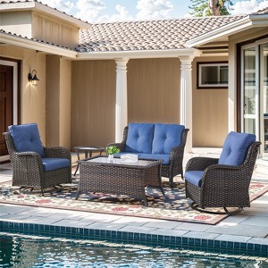 Gymojoy 5 Piece Outdoor Wicker Loveseat Sofa with Patio Swivel Glider Chairs with Coffee Table and Side Table - 1 of 4