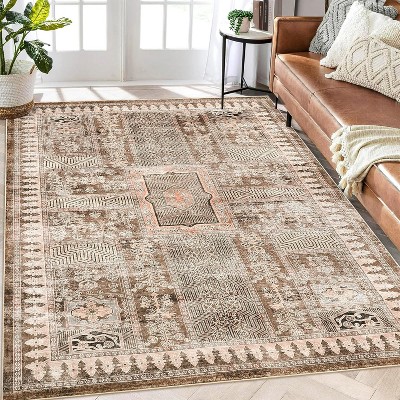 Khaki Washable Rug 8x10,Low Pile Vintage Floral Accent Carpet, Non-Slip,Stain-Resistant, Non-Shedding,Foldable Retro Indoor Rug for Nursery/Bedroom