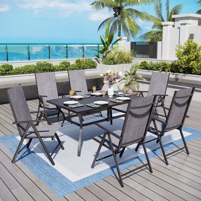 Captiva Designs 7pc Patio Dining Set with Slat-top Rectangle Table & Gray Sling Foldable Chair