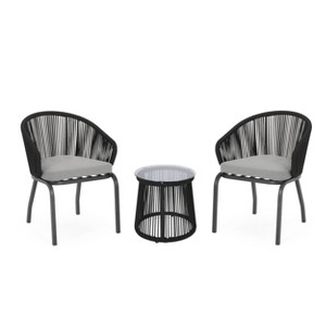 Christopher Knight Home Skycrest Outdoor Rope and Glass 3 Piece Chat Set with Cushion, Black/Gray - 1 of 4