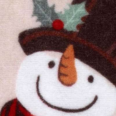 Snowman Beige and Green Cotton Christmas Bath Rug
