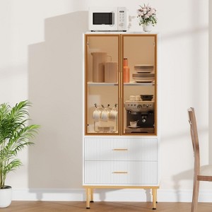 Modern Fluted Storage Cabinet with Glass Door and 2 Drawers, Adjustable Shelves, Gold Accents, MDF Build for Kitchen, Living Room, Office - 1 of 4