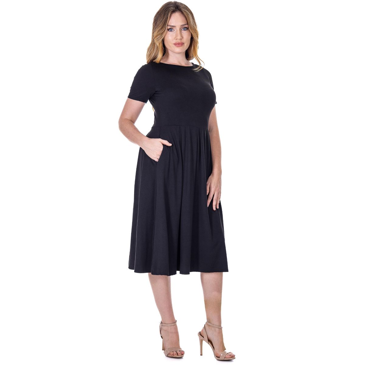 Womens Short Sleeve Boat Neck Pleated Flared Pocket Midi Dress - 24seven Comfort Apparel™ - thumbnail 2