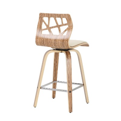 Mid-Century Modern White Leather and Wood Swivel Counter Stools