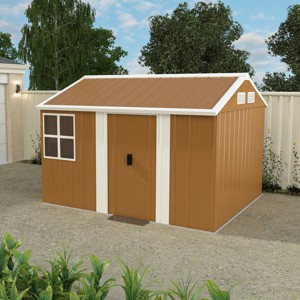 Brown Heavy-Duty Metal Outdoor Storage Shed with Windows, Lockable, All-Weather Waterproof Garden Tool Shed for Backyard or Lawn – Cuddlewood - 1 of 4