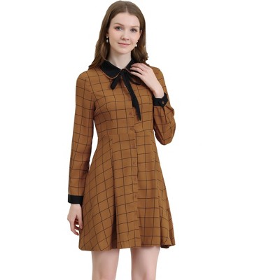 Allegra K Women's Peter Pan Collar Long Sleeve Plaid Shirt Dress