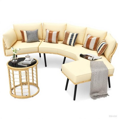 Outdoor Rattan Chaise Lounge Set with Iron Frame and Glass Table, Weather-Resistant PE Rattan