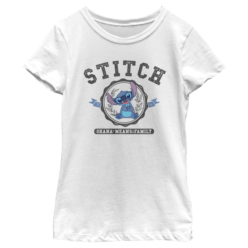 Girl's Lilo & Stitch Ohana Means Family Collegiate T-Shirt, 1 of 5