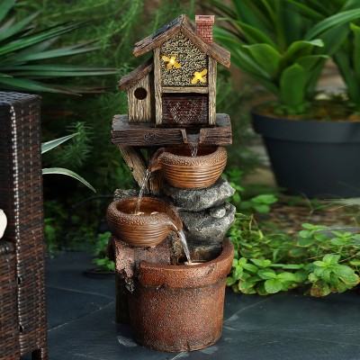 Rustic Brown Resin Birdhouse Outdoor Fountain with LED Lights
