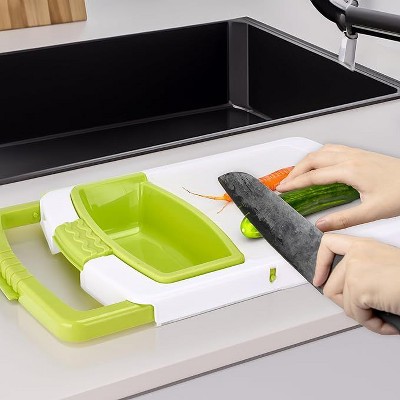 Green Collapsible Plastic Cutting Board with Colander and Basket