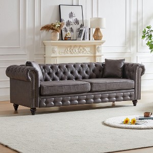 85.5'' Tech Fabric Chesterfield 3-Seater Sofa with Rolled Arms, Button Tufted Design and 2 Cushions - 1 of 4