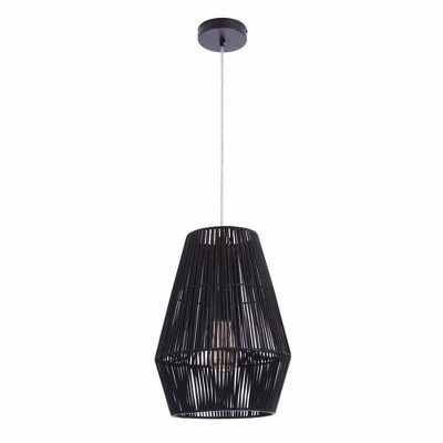 Flat Black Rattan and Iron Indoor/Outdoor Pendant Light