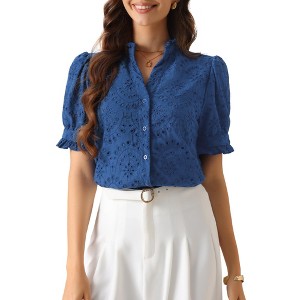INSPIRE CHIC Women's Summer Short Sleeve V Neck Stand Collar Hollow Out Embroidered Shirts - 1 of 4