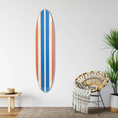 Colorful Marine Wood Surfboard Wall Art with Orange and Blue Stripes