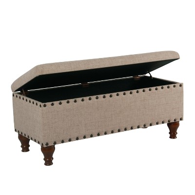 Large Beige Linen Storage Bench with Nailhead Trim