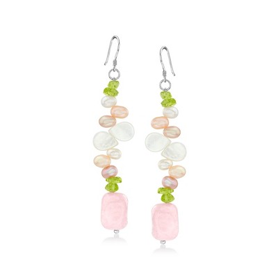 Ross-Simons Mother-Of-Pearl and 40.00 ct. t.w. Rose Quartz Drop Earrings With 5.50 ct. t.w. Peridot and 4-5mm Multicolored Cultured Pearls in Sterling