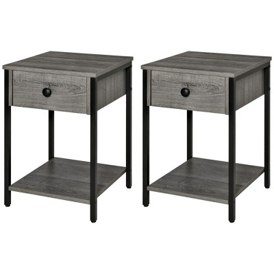 Gray Wood and Black Metal Industrial End Table Set with Storage