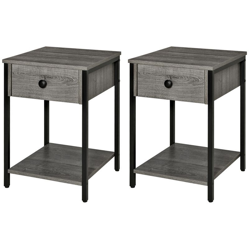 HOMCOM Industrial End Table with Storage Shelf, Accent Side Table with Drawer for Living Room, or Bedroom, Set of 2, Gray, 4 of 7