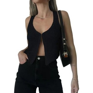 Women's  Deep V Neck Sleeveless Tank Top Sexy Button up Exquisite Knit Vest  Crochet Sweater Crop - 1 of 2