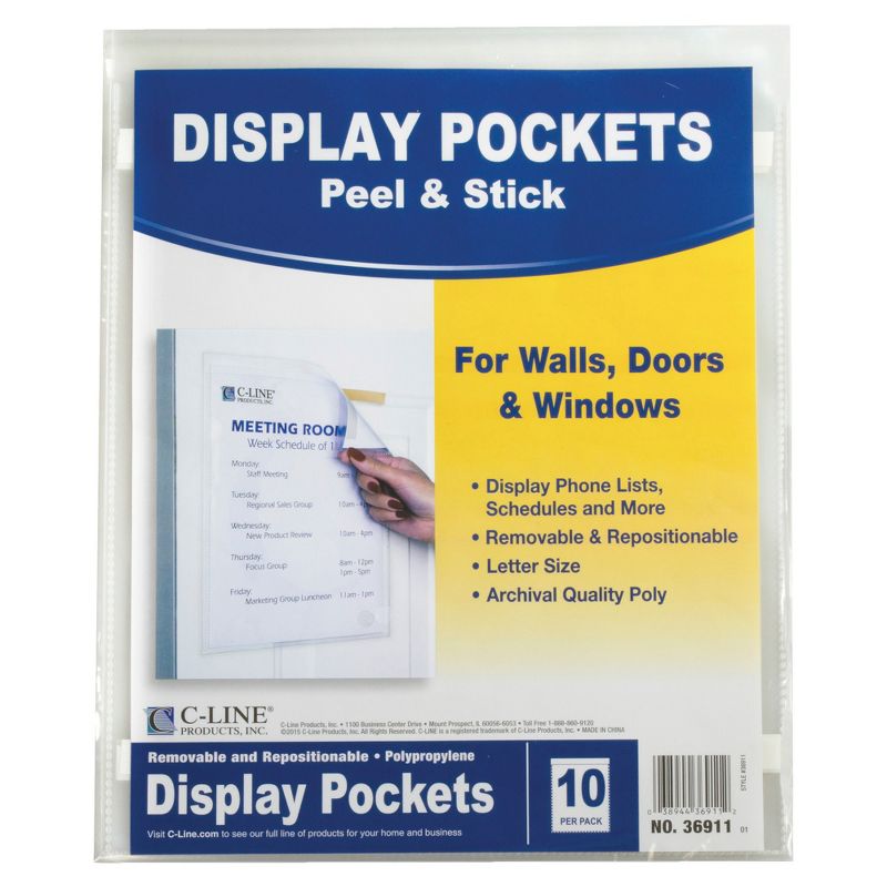 C-Line Peel and Stick Display Pockets, 8-1/2 x 11 Inches, Clear, Pack of 10, 1 of 2