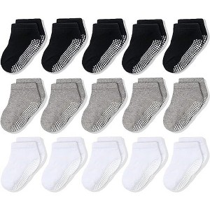 Cozyway Non-Slip Ankle Grip Low Cut Toddler Socks, 15 Pack for Boys & Girls, Solid Black/White/Gray, 3-5 Years Old, Unisex - 1 of 4