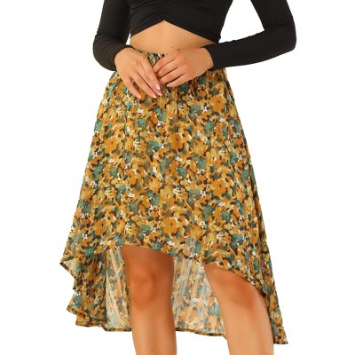 INSPIRE CHIC Women's High Low Hem Elastic Waist Lurex Chiffon A-Line Midi Floral Skirt