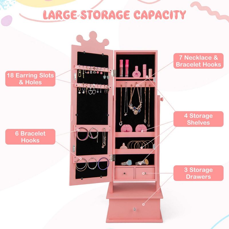 Costway Kid Freestanding Jewelry Armoire 2-in-1 Full Length Mirror Storage Drawer Pink/White, 5 of 11