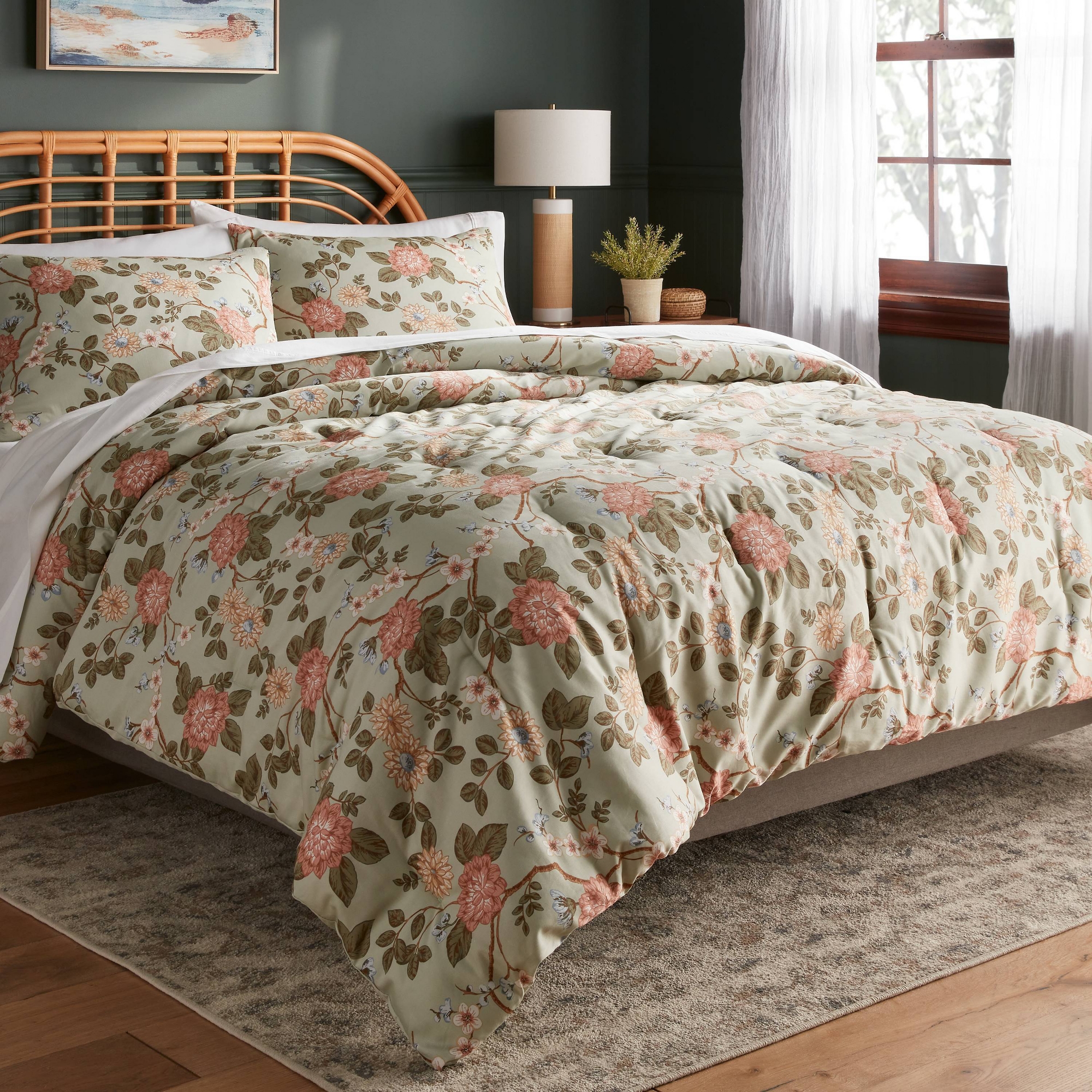 Full/Queen Floral Print Comforter and Sham Set Light Sage Green/Light Pink/White - Threshold™