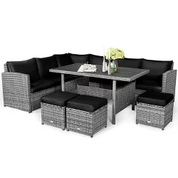 WELLFOR 7pc Steel Outdoor Dining Set with Ottomans Black