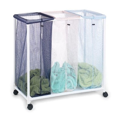 Homz 4549010 6 Load Capacity Triple Mesh Sorter Laundry Basket Portable Organizer Hamper with Removable Bags with Wheels, Blue and White