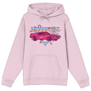 Retro Muscle Car Speedway Long Sleeve Cradle Pink Adult Hooded Sweatshirt - 1 of 2