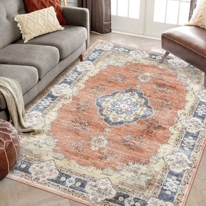 Vintage Floral Printed Area Rug Machine Washable Non Slip Non Shedding Low Pile Boho Floor Rug for Living Room Bedroom Kitchen - 1 of 4
