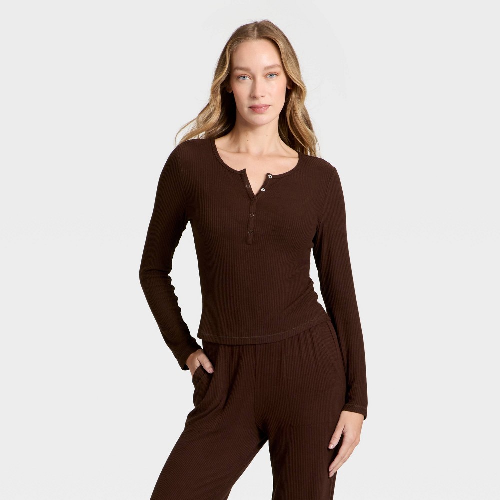 Women's Cozy Ribbed Long Sleeve Henley Pullover - Auden™ Brown M
