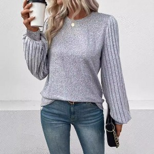 Coolmee Women's Puff Long Sleeve Shirts Casual Knit Blouses Crew Neck Elegant Tunic Tops - 1 of 4