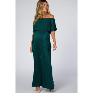 Pinkblush Forest Green Pleated Ruffle Off Shoulder Maternity Maxi Dress - 1 of 4