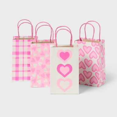 4ct Valentine's Day M/L Junior Triple Heart Toss Plaid Tote Pink - Spritz™