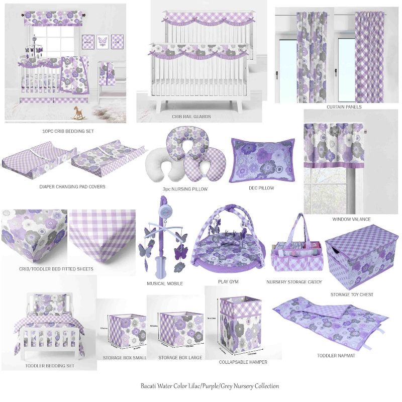 Bacati - Watercolor Floral Purple Gray 10 pc Girls Baby Crib Bedding Set with 2 Crib Fitted Sheets 100% cotton fabrics, 3 of 12