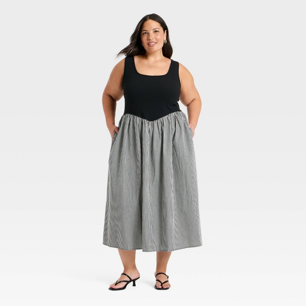 Women's Pullover Knit to Woven Midi Dress - A New Day™ Black/White Gingham XXL