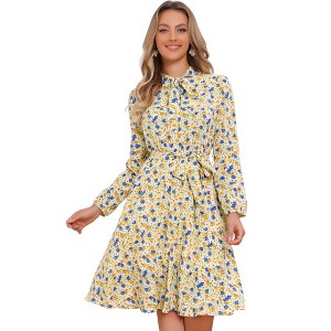 INSPIRE CHIC Women's Tie Neck Chiffon Long Sleeves Vintage Belted Floral Dress - 1 of 4